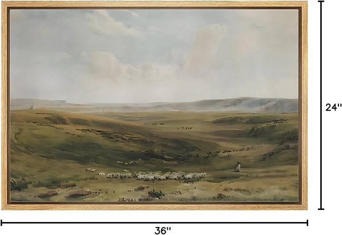MUDECOR Framed Canvas Print Wall Art Tranquil Pastures Landscape Vintage Classic Illustrations Fine Art Decorative Zen Multicolor Country/Farmhouse Retro for Bedroom - 24"x36" Natural