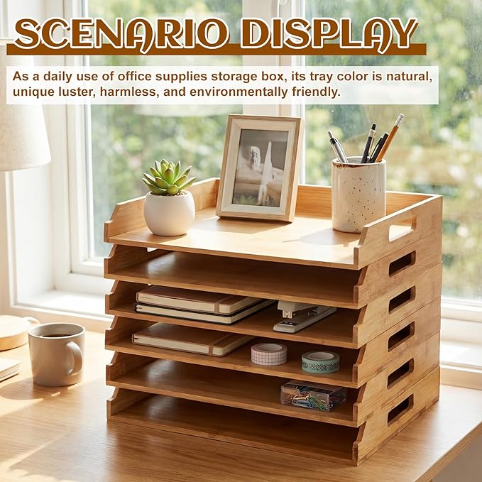 6 Pcs Stackable Paper Tray Bamboo Wood Desk Organizer Letter Tray 6 Tier Wooden File Organizer Desk Shelf for Documents, Letter Sorter, Envelopes and Magazine Holder