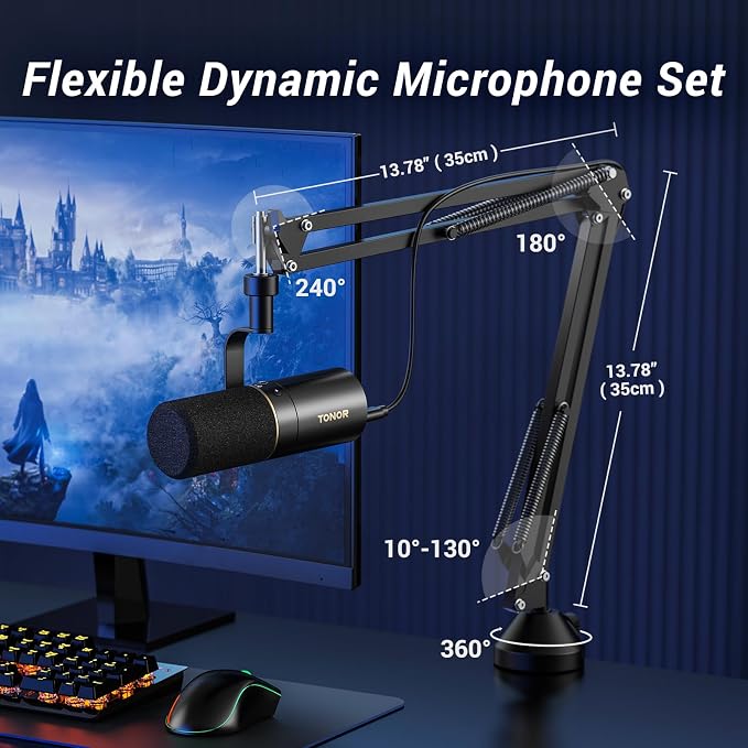 TONOR Dynamic Podcast Microphone, XLR/USB Mic for Podcasting, Recording, Streaming, XLR Cardioid Studio Mic with Quick Mute, 3.5mm Headphone Jack, Volume Control, Microfono with Boom Arm, Black,TD510+