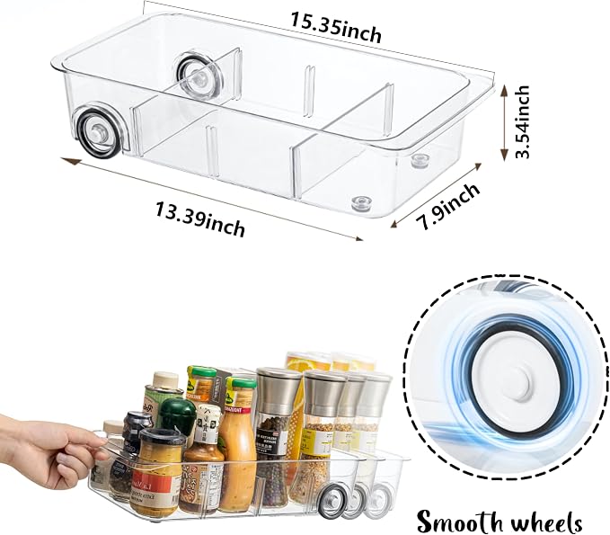 LXLXXL Fridge Organizer and Storage Drawer Rolling Refrigerator Bins,3 Pack | Silicone Wheels,3 Pack Adjustable Dividers,Easy to Clean,Organizer for Fridge,Pantry,Bathroom and Cabinet Organization