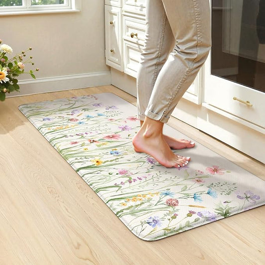 KIMODE Anti Fatigue Mats for Kitchen Floor, 20"x39" White Floral Kitchen Rug, Cushioned Kitchen Floor Mat Non Slip, Memory Foam Standing Mat for Sink Laundry Office Desk