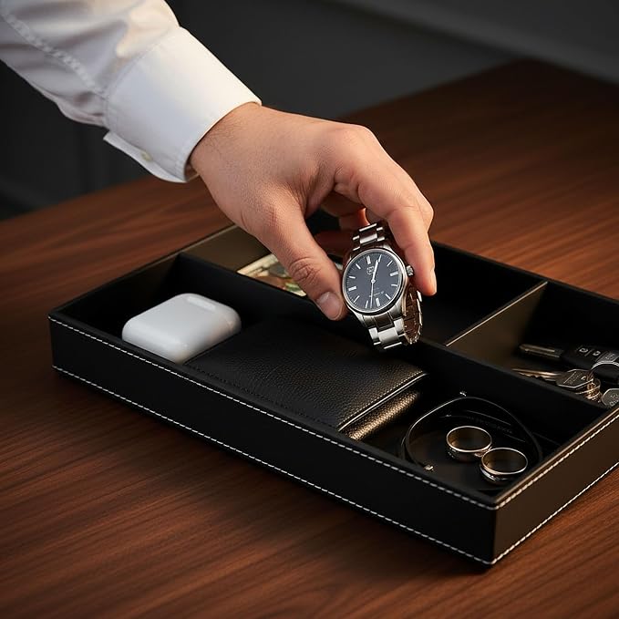 Leather Valet Organizer Nightstand & Dresser Storage Tray (Black) | Stackable, Entryway Desk Catchall Tray for Keys Wallet Watch Phone, Bedside Desktop PU Leather Drawer Caddy Tray for Men