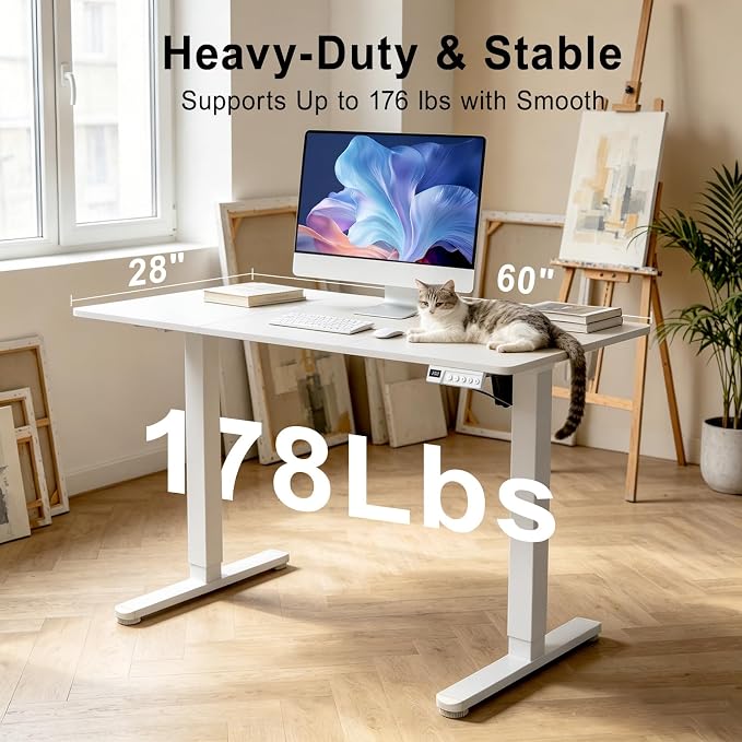 Electric Height Adjustable Desk, 40x24 Inches Standing Desk with 3 Memory Presets & Child Lock, Quiet Motor, Industrial Steel Frame, for Clean Computer Workstation or Editing Desk,White