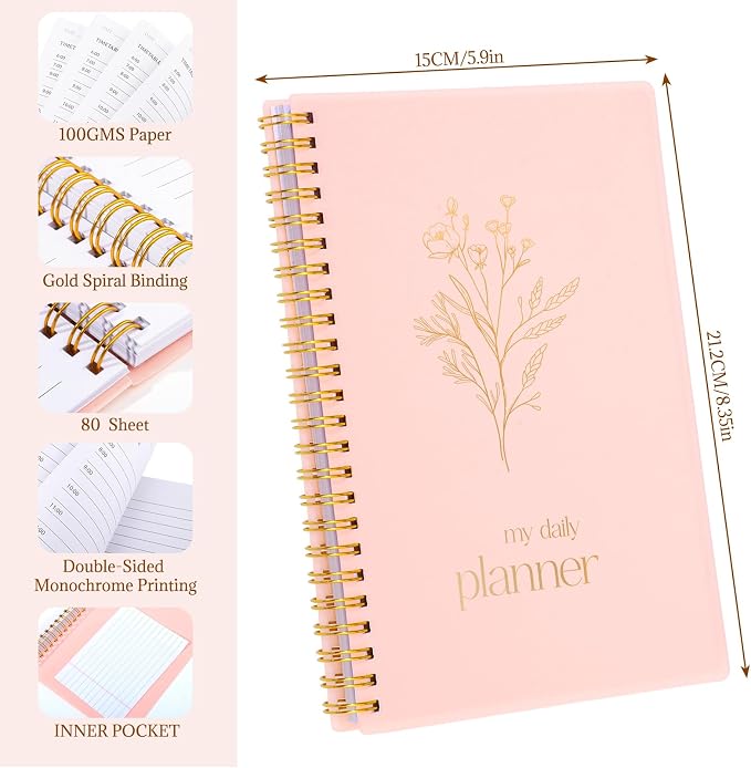 Thboxes Undated Daily Planner with Hourly Schedule, 5.71" X 8.35" Daily To DO List Noteboook Set Goals A5 Daily Personal Organizer Notepad for School Work Office Improve Efficiency Planner, Pink