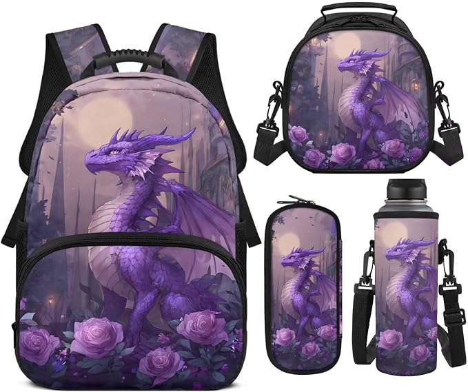 Purple Dragon Backpack for Girls Cute with Lunch Box, 17 Inch Large Capacity Bookbag 4PCS Set, Rose Castle Elementary School Bags for Kids Ages 6-10 Back to School