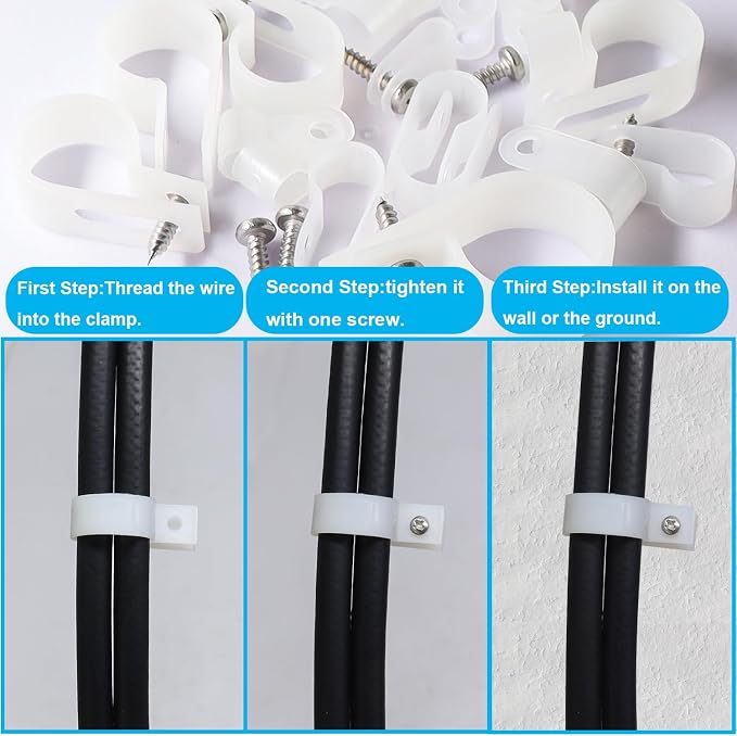TWTADE 306PCS White Cable Clamps Assortment Kit, Nylon Plastic R-Type 6 Sizes 3/16'' 1/4'' 3/8'' 1/2'' 3/4'' 1'' Cable Mounting Wire Clips Fastener with Screws for Wire Management