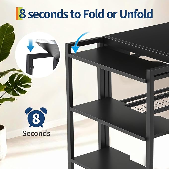 GarveeLife 35 inch Folding Desk Writing Computer Desk with Storage Shelf,Spaces Saving Writing Sturdy Table No Assembly,for for Bedroom, Home Office, Dorm, Apartment, Black
