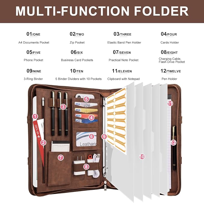 Leathario Portfolio Binder, Includes 5 Folder Index Dividers, 13 Inch Tablets Organizer with Handle, Vegan Leather A4 Padfolio, Multi-Pocket Notepad Business Planner Professional Document