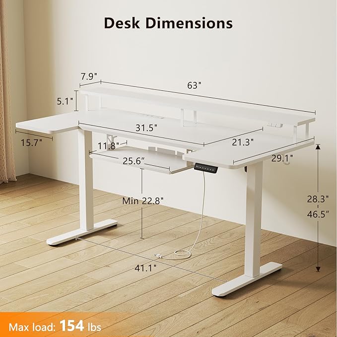OffiGo U Shaped Electric Standing Desk with Keyboard Tray, 63 Inch Height Adjustable Desk with Power Outlets & LED Lights, Sit Stand Table with Monitor Stand for Home, Office, White