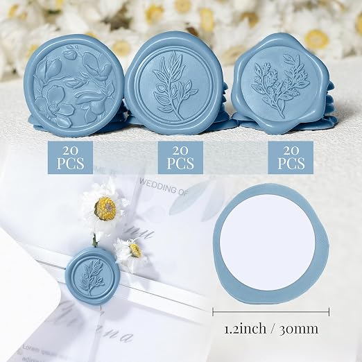 UNIQOOO Wax Seal Stickers - (3 Designs in 1 Pack) Wedding Invitation Envelope Seal Stickers, 60 Pcs Self-Adhesive Stickers, Perfect for Invitation, Christmas, Gift Wrapping (Dusty Blue)