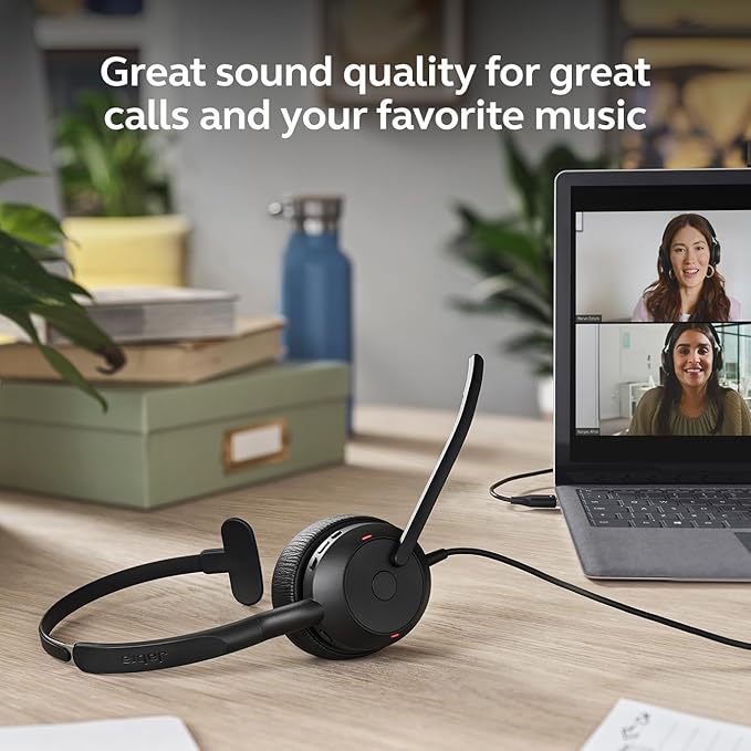 Jabra Evolve2 50 Wired Single-Ear Headset - Noise Cancelling Headphones, Bluetooth Headset for Work with Noise Cancelling Microphones, Works with Online Meeting Platforms Like Zoom & Google, Black