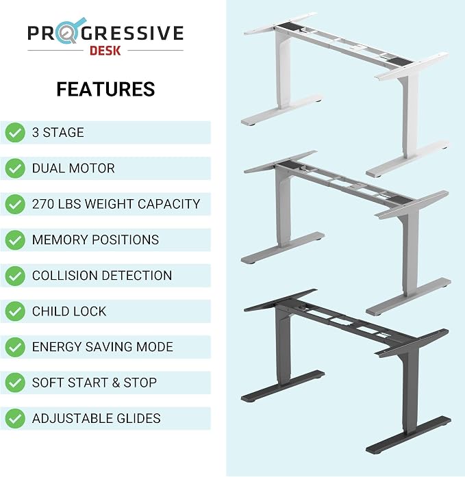 Standing Desk Legs Dual Motor - Adjustable 3 Stages Frame for DIY Stand up Home Office Desks Suites Tops from 48" to 73" FLT-02 White