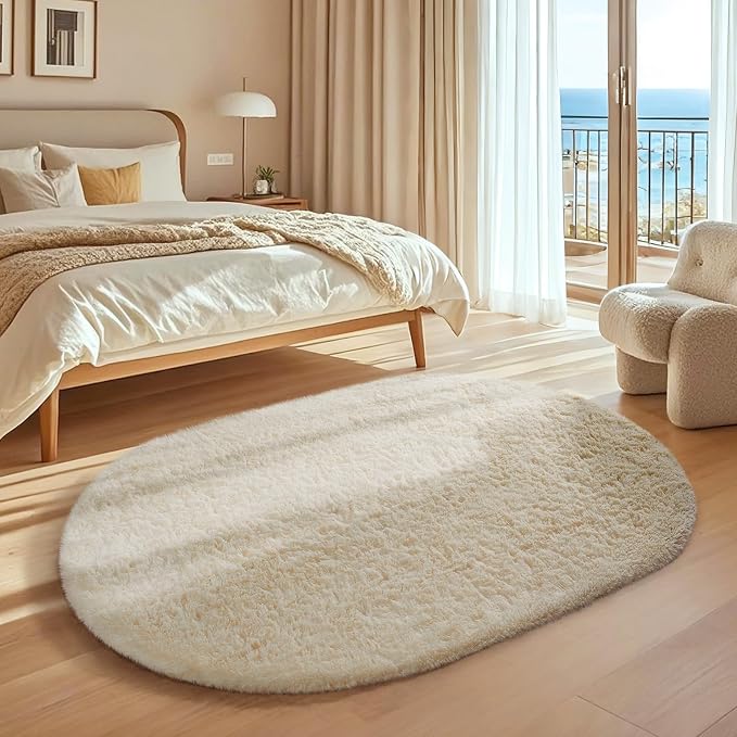 Ophanie 4x6 Oval Ivory Rugs for Bedroom Living Room Washable,Fluffy Fuzzy Furry Carpet,Plush Soft Shaggy Indoor Floor Area Rug for Kids Girls Boys Baby Teen Dorm Decor with Over 99 pcs Pile fibers