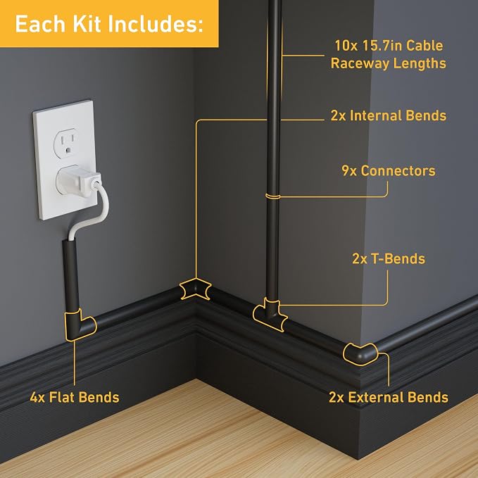 D-Line 157in Cord Hider Kit, Patented Cable Cover, Hide Wires on Wall, Channel for TV Mount Cords, Raceway Wire Hiders, Paintable, Adhesive, Half Round, 10x 0.78in W x 0.39in H x 15.7in L, Black