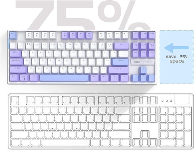 MageGee 75% Mechanical Gaming Keyboard, Red Switch, LED Blue Backlit, 87 Keys Compact TKL Wired Computer Keyboard for Windows Laptop PC Gamer - White/Purple