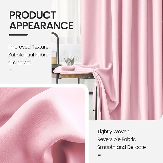 Back Tab and Rod Pocket Cute Princess Curtains - Living Room Decor Blush Drapes with Hooks for Track System - Pink Curtains Blackout for Girls Bedroom 52 x 72 Inches Long 2 Panels Set