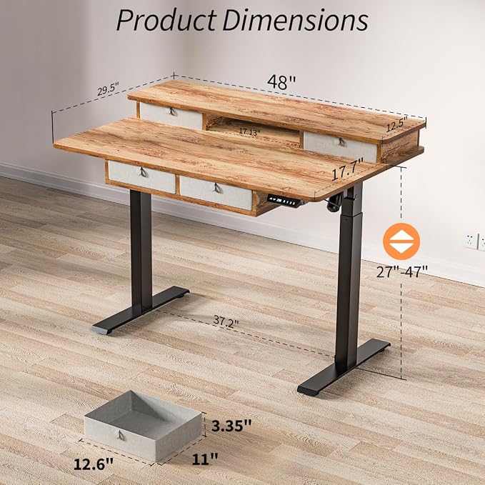 Kingant Electric Standing Desk with 4 Drawers,USB Charging Ports 48"x 30" | Ergonomic Height Adjustable Large Workstation, Heavy-Duty Sit Stand Up Desk For Home Office Daily Work,Light Rustic Brown