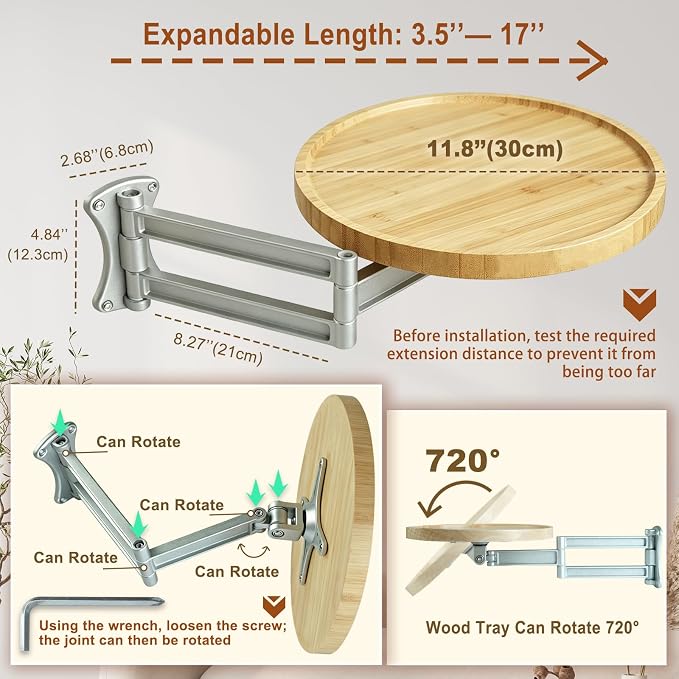 Wall Mounted Folding Table,Retractable Small Bamboo Drop Down Floating Wall Desk,11.8" Round Wood Tabletop with Aluminum Alloy Brackets,Bedside Wall Shelf Drop Top Desk,Fold Down Nightstand