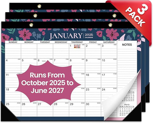 3 Pack of Desk Calendar 2026-2027, 21-Month Calendar Runs Unitl June 2027, Large 17" x 12" Monthly Desktop & Wall Calendar for Home & Office - Twilight Petals