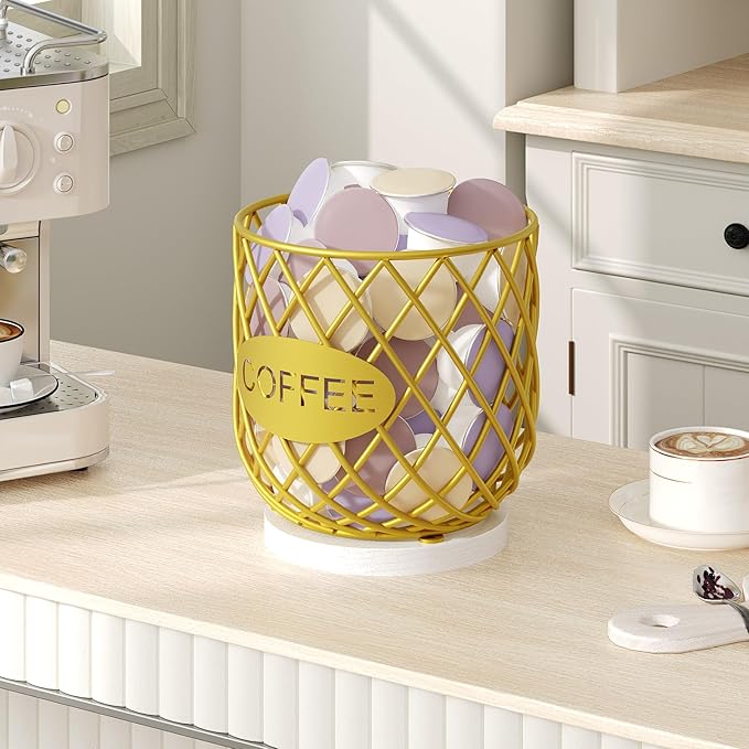 Coffee Pod Holder Organizer, Holder for K Cup, Large Capacity Coffee Pod Basket, Versatile Coffee Capsule Storage Organizer, for Kitchen Countertop, Gold and White KH09DW