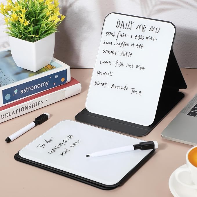 4 Pcs Small Glass Desktop Whiteboard with Reversible Stand 8‘' x 6‘' Tabletop Mini Dry Erase Whiteboard Easel with 4 Markers Reusable Desk Notepad for Home Office School(Black)