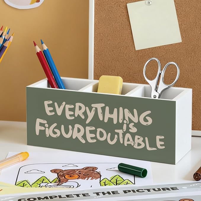 Everything Is Figureoutable Inspirational Pen Pencil Utensil Holder | Green Motivational Wood Desk Organizer and Accessories, Makeup Brush Holder for Bathroom Vanity