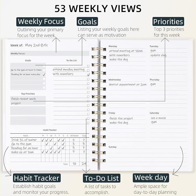 LONLAT Undated Weekly and Monthly Planner Spiral Bound- Weekly Goals Notebook, To Do List, Habit Tracker Journal, Academic, Aesthetic, Stylish School or Office Supplies (6.1" x 8.4" - Cream)