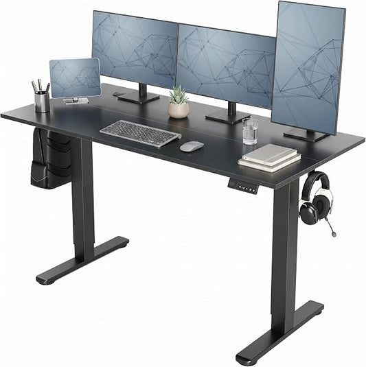 Claiks Electric Standing Desk, 55x24 Inch, Black | Adjustable height for sit-stand, 156lbs capacity, scratch-resistant surface, 3 memory presets, cable management & hook.