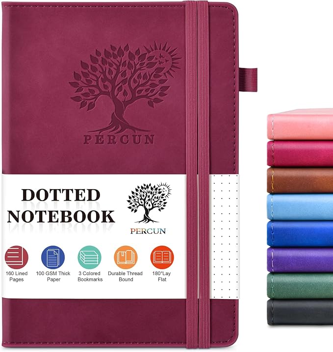 PERCUN Dotted Journal Notebook for Men & Women, 160 Pages Dot Grid notebook, A5 Hardcover Leather Bullet Journaling for Writing, Work, School, Travel, Daily Diary 5.9" x 8.5" (Burgundy)