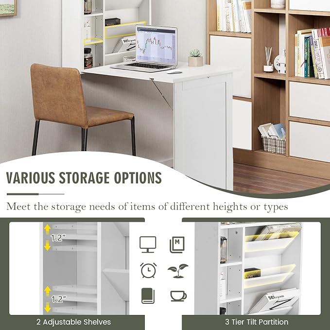 Wall Mounted Desk, Fold Out Convertible Desk with Storage Shelves, Space Saving Wall Folding Table, Home Office Floating Desks for Small Spaces (White)