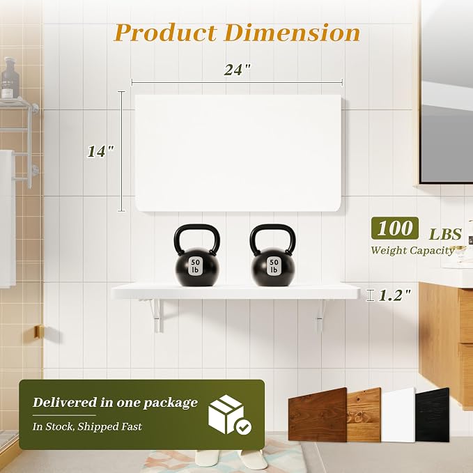 Dogsky Floating Wall Desk, 24" x 14" Wall Mounted Folding Table, Pine Wood Fold Down Wall Table, 100 lb Capacity Wall Mount Desk for Small Apartment, Laundry Room,Kitchen,Bar & Computer Use, White