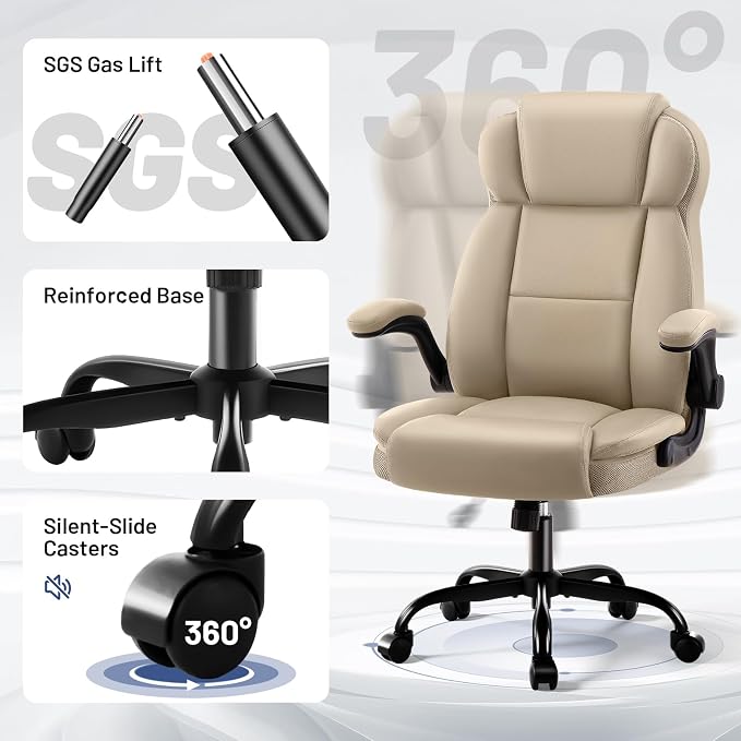 AreShark Ergonomic Office Chair with High Back Headrest,PU Leather Executive Desk Chair Padded Flip-Up Armrests,Lumbar Support,Swivel Computer Chair for Home Office & Gaming, Khaki