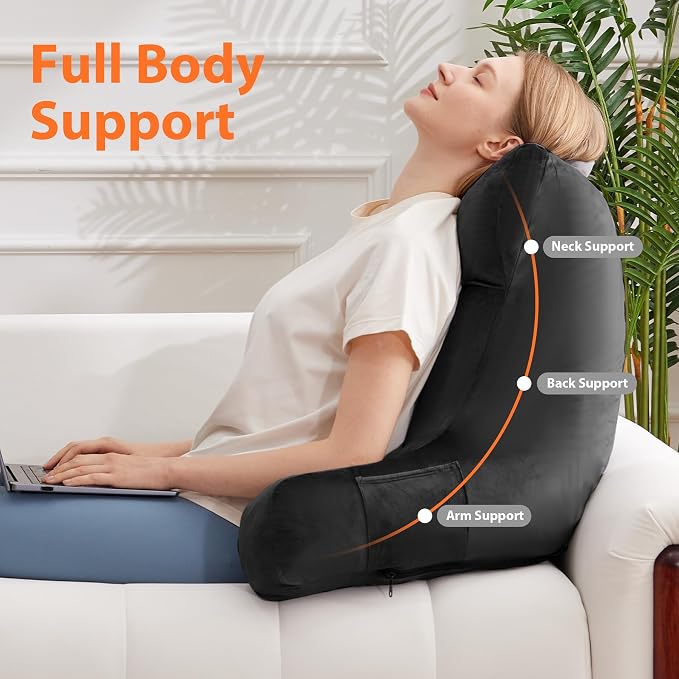 IPYNBAP Reading Pillow with Arms for Adult, Back Pillow for Bed Sitting Up, Shredded Memory Foam Backrest Pillow with Pockets & Removable Washable Cover, Lounging, Watching TV, Reading(24inch Black)