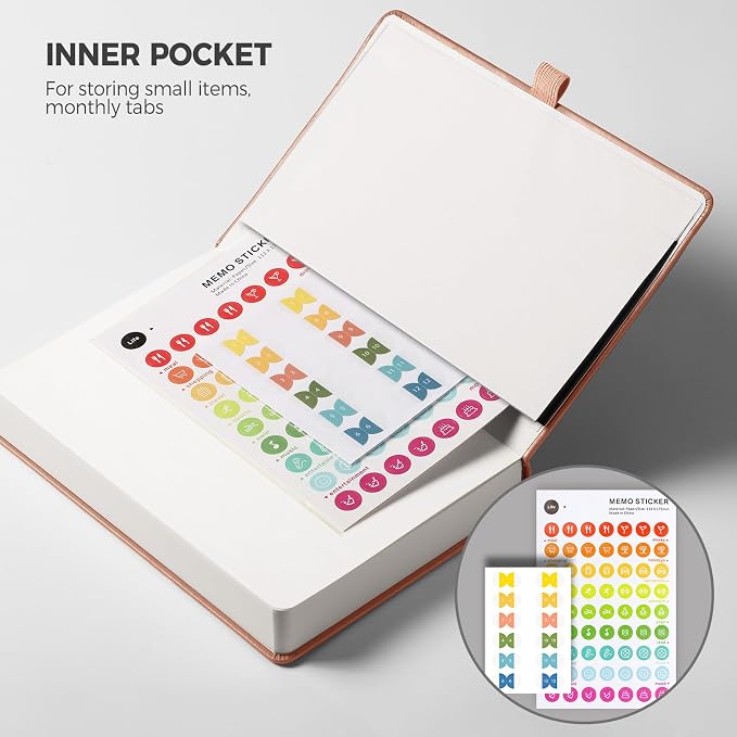 Undated Appointment Book, Hourly, Daily, 52 Weekly & 12 Monthly Planner, 6 AM - 8 PM, Medium Size (5.7" x 8.3"), Leather Hardcover, 12 Self-adhesive Monthly Tabs (Pink)
