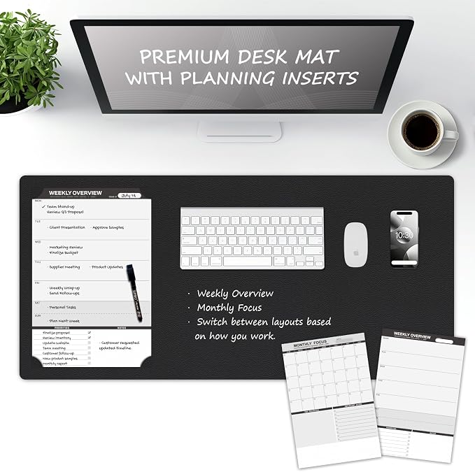 Large Dry Erase Desk Mat with Weekly & Monthly Dry Erase Planners | Reversible Dual-Texture Desk Pad with interchangeable Planning Pages, 16"x34"