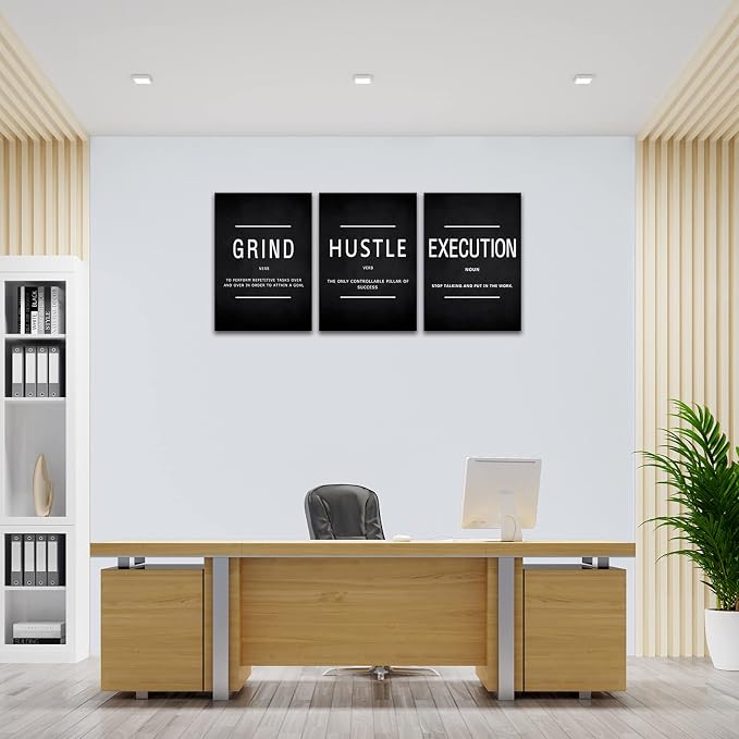 KAWAHONE Grind Hustle Execution Quotes Framed Wall Art, Inspirational Painting Prints Poster Wall Decor Motivation Canvas Entrepreneur Wall Picture for Home Office Business Workplace Ready to Hang