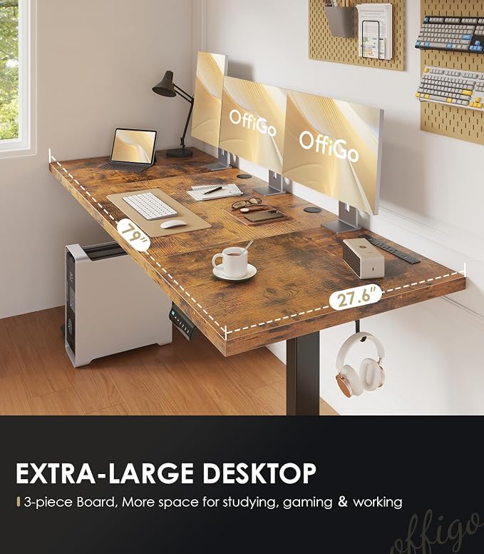 OffiGo 79" Executive Electric Standing Desk Height Adjustable, Rustic Brown | 1.38" Thick 3-Panel Desktop, Power Outlets, 3 Memory Presets, Dual-Beam Frame for Home Office, Workstation, Conference Room