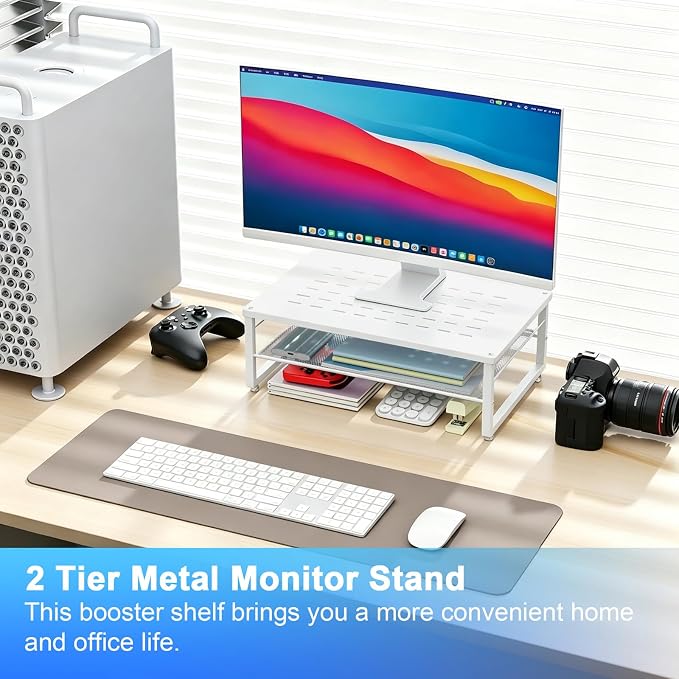 gianotter 2-Tier Metal Monitor Stand Riser, Desk Accessories & Workspace Desk Organizers, Office Desk Storage Organizer for Office Supplies (White)