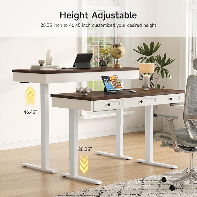 ONBRILL Standing Desk with 3 Drawers, 63 x 24 Inch Electric Height Adjustable Desk with Storage & Outlets, for Computer Workstation, Home Office, Retro Curved Table Corner & Drawers, Walnut