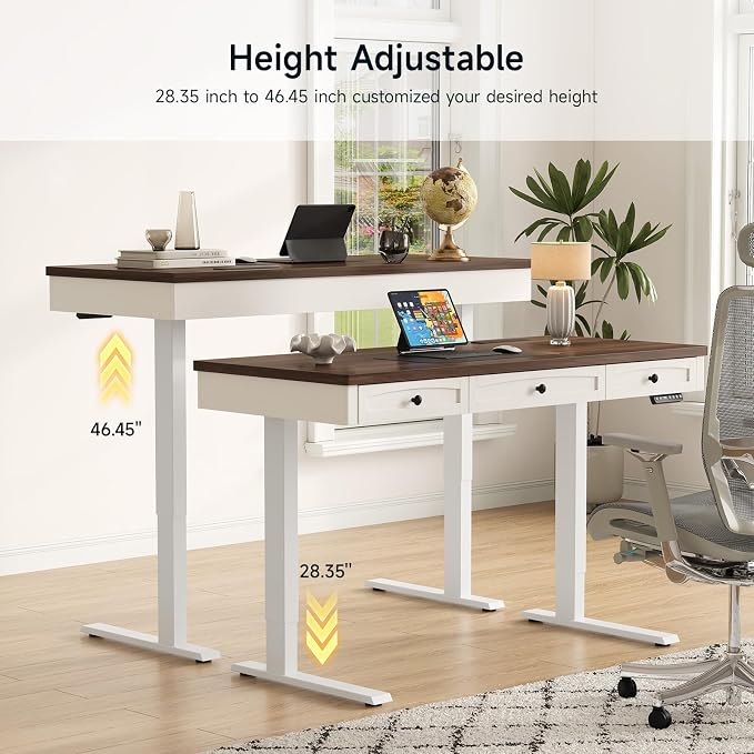 563 x 24 Inch Standing Desk with 3 Drawers,Electric Height Adjustable Desk | Sit to Stand up Desk with Storage & Outlets, for Computer Workstation, Home Office, Retro Curved Table Corner, Walnut
