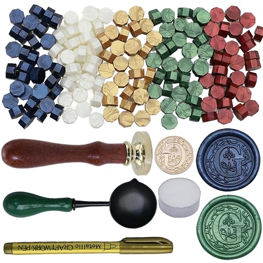Initial Alphabet Wax Seal Stamp Kit, Retro Letter G Sealing Stamp with 150Pcs Sealing Wax Beads Spoon Pen Set for Wedding Invitations Cards Envelopes (G)