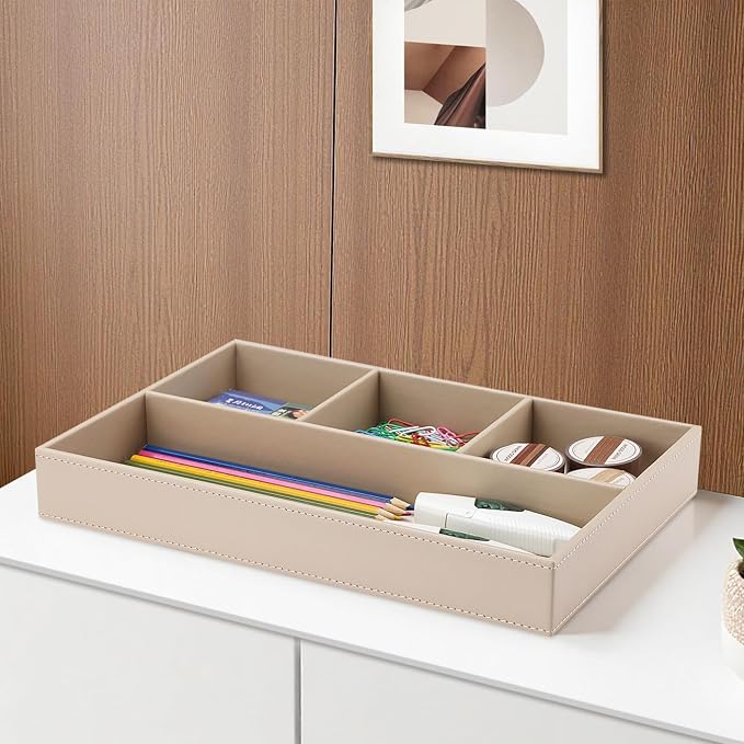 4-Slot Leather Drawer Tray Desk Stationery Sundries Organizer Storage Box Pen Pencil Holder Case Container (Dark Beige)