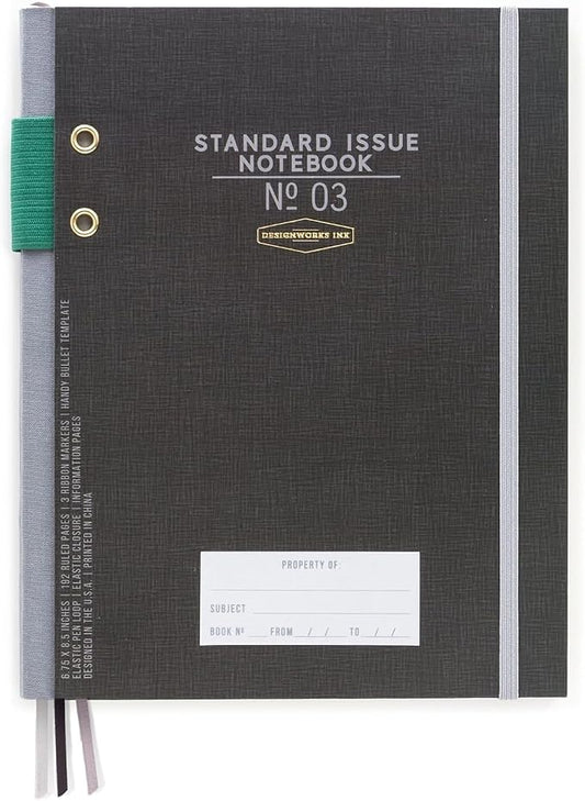 DesignWorks Ink Standard Issue Notebook No. 3, Undated Daily Planner & Writing Journal, 192 Lined Pages, Pen Holder, Small Notebook for Work & Journaling, 6.75 x 8.5 in, Black