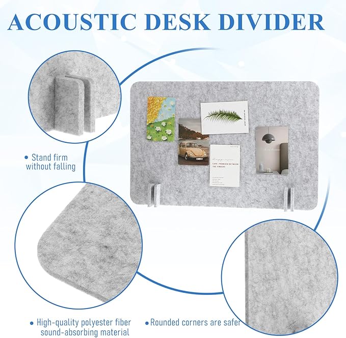 2 Pcs Acoustic Desk Divider Desk Partition, 24" x 18" Freestanding Desk Privacy Panel Lightweight Soundproof Partition with Support Feet for Office Home Use (Silver Gray)