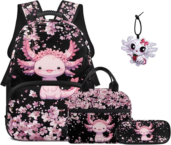 ZFRXIGN Cherry Blossom Axolotl Kids Backpack for Girls Bookbag with Cute Pendant 17inch Elementary School Bag and Insulated Lunch Box Portable Pencil Case Black