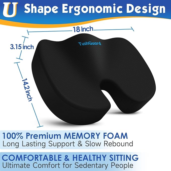 TushGuard Seat Cushion for Office Chair, Car, Memory Foam, Black Large | For Back, Coccyx, Sciatica, Tailbone Pain, Ergonomic Design, Non-Slip, Desk Wheelchair Use, Supportive Butt Pillow, For Man