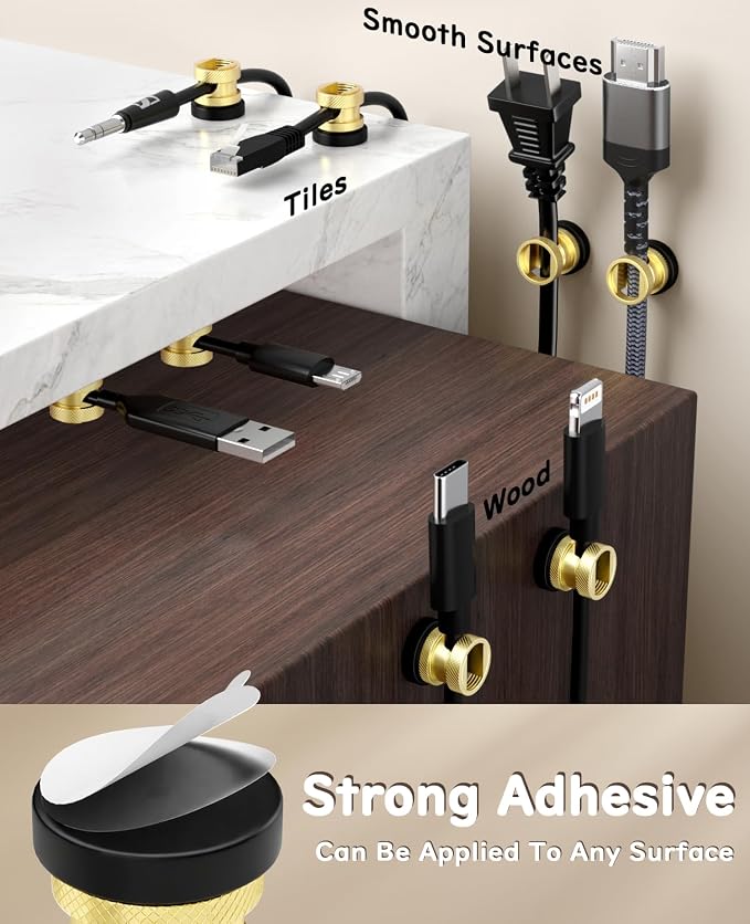 Maveek Magnetic Cable Clips, Knurled Metal Desk Cord Organizer, 4 Pack, Gold