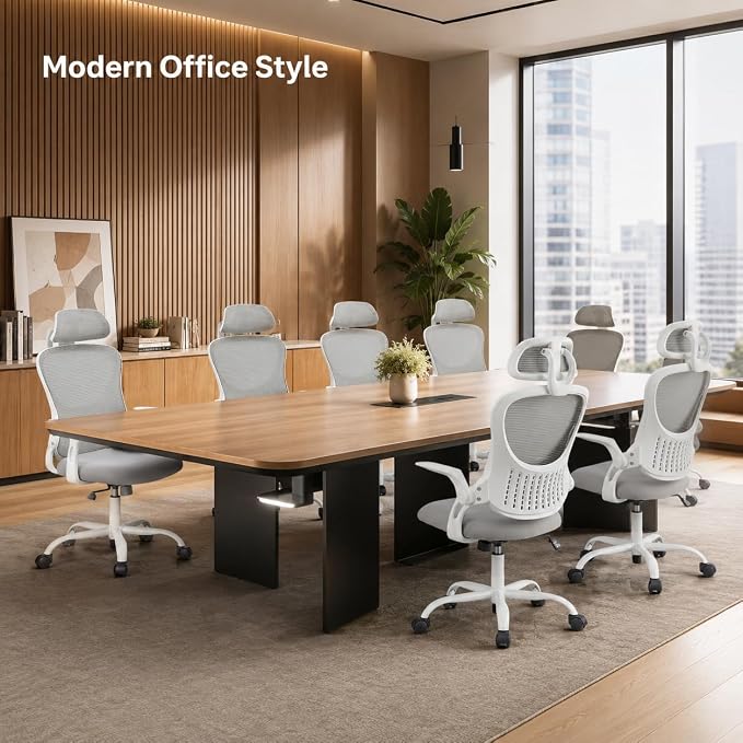 Grey Ergonomic Office Chair, High Back Mesh Desk Chair with Adjustable Headrest Lumbar Support, Computer Chairs with Flip-up Armrests and Thickened Cushion for Adults Home Office, 360° Swivel
