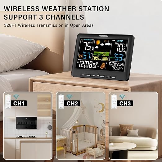 BluSon Weather Station Wireless Indoor Outdoor Thermometer with 2 Sensors | Color Display Digital Temperature Humidity Monitor with Atomic Clock, Weather Forecast, Adjustable Backlight, Barometer Black