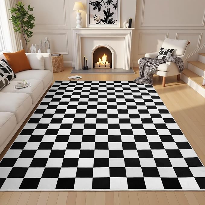 Terrug Black and White Checkered Rug for Living Room,8x10 Area Rugs Washable with Non Slip for Bedroom,Soft Low Pile Stain Resistance Retro Carpet for Dorm Kids Room